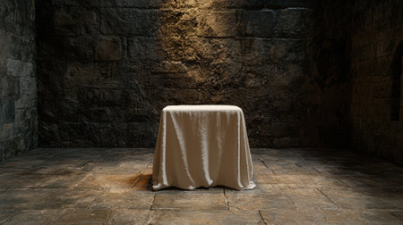 Mysterious object covered with cloth in a dark room.の素材