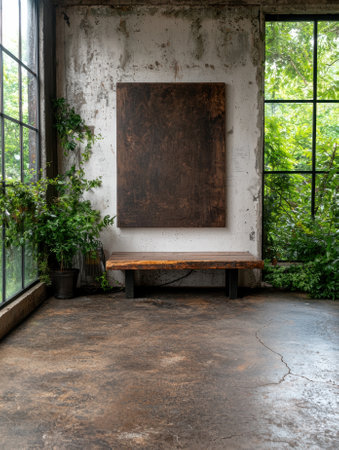 Rustic interior with a wooden bench and large painting.の素材
