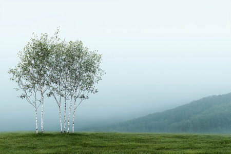 Birch trees in a misty field landscape.の素材