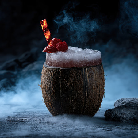 A tropical cocktail served in a coconut shell with raspberries and a garnish.の素材