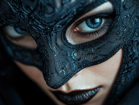 Mysterious woman wearing a black lace mask with dark lipstick.の素材