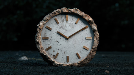 Stone clock showing the time in a dark environment.の素材