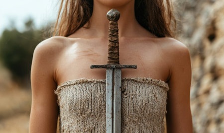A woman holds a medieval sword in front of her chest.の素材
