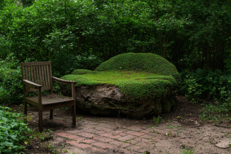 A moss covered boulder and wooden chair in a lush garden.の素材