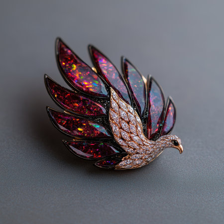 Elegant bird brooch with red and gold gemstones.の素材