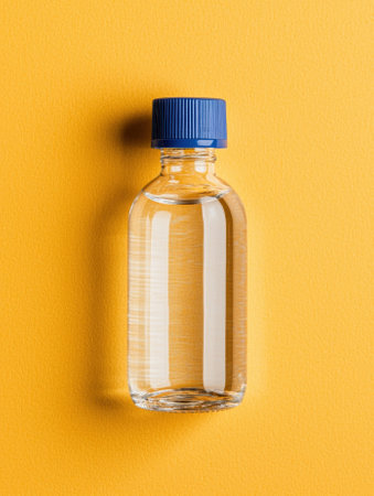 A clear liquid in a glass bottle with a blue cap on a yellow background.の素材