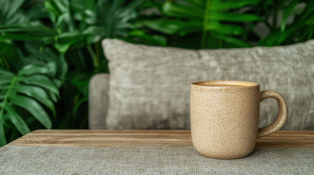 A cup of coffee on a table with plants in the background.の素材