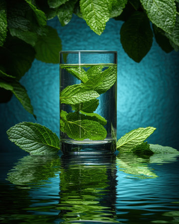 Refreshing mint infused water with fresh mint leaves.の素材