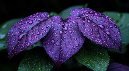 Purple leaves covered in water droplets.の素材