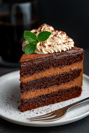 A slice of decadent chocolate cake with whipped cream and mint.の素材