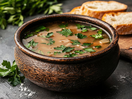 Bowl of homemade soup with fresh parsley and bread slices.の素材