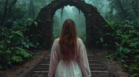 Woman in a white dress walking through a stone archway in a misty forest.の素材