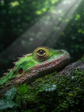 A green lizard resting on a mossy branch in a forest.の素材