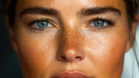 Close-up of a woman's face with freckles and blue eyes.の素材
