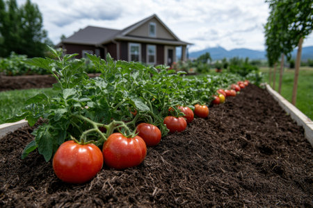 Fresh tomatoes growing in a garden.の素材