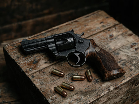 A revolver and ammunition on a wooden surface.の素材