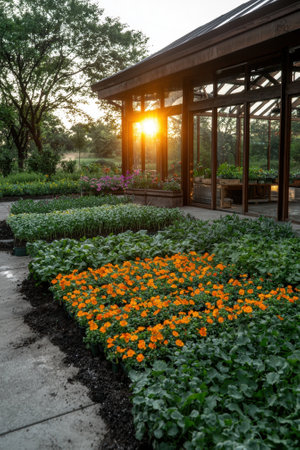 Rows of vibrant flowers and plants in a greenhouse at sunset.の素材