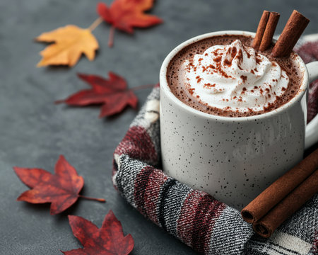 Cozy autumn hot chocolate with whipped cream and cinnamon sticks.の素材