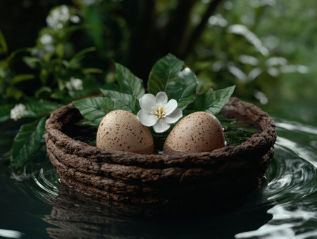 Speckled eggs in a nest with a white flower floating on water.の素材