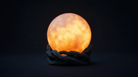 Glowing orb resting on a dark, gnarled base.の素材