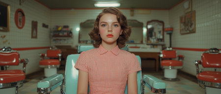 Young woman with vintage style in a retro barbershop.の素材