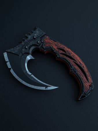 A curved knife with a wooden handle on a black background.の素材