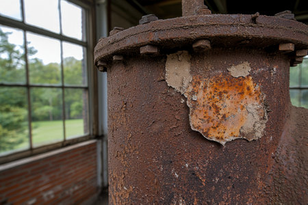 Close up of rusted industrial pipe with peeling paint.の素材