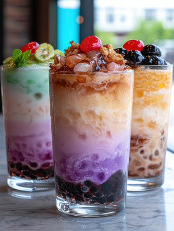 Three colorful boba drinks with tapioca pearls and toppings.の素材