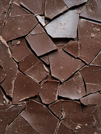 Cracked dark chocolate pieces, top view.の素材