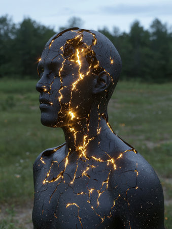 Cracked human figure with glowing light, representing inner strength and resilience.の素材