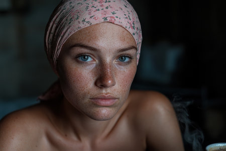 Portrait of a freckled woman with a headscarf looking at the camera.の素材