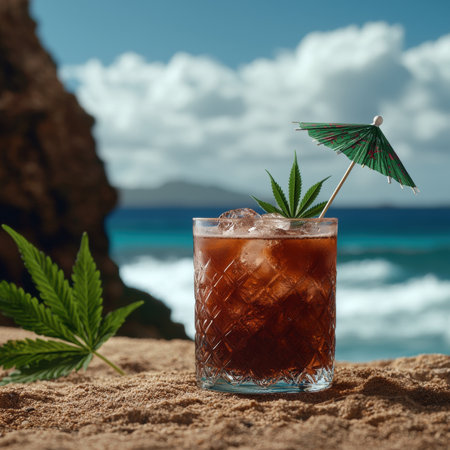 A refreshing cannabis cocktail on a tropical beach.の素材