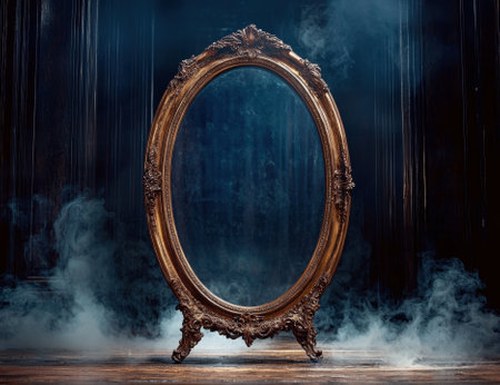 Ornate gold mirror surrounded by smoke on a stage.の素材