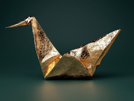 Golden origami crane on a green background.の素材