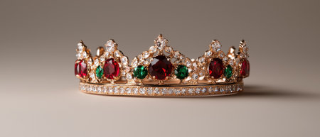 Elegant gold crown with red and green gemstones.の素材
