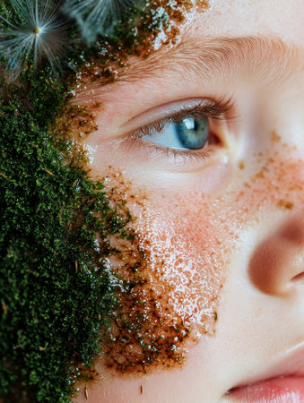 Close-up of a person's face with moss and water droplets, blending nature with beauty.の素材