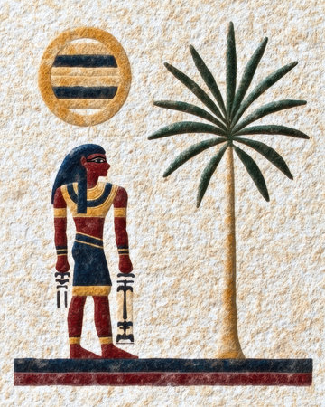 Ancient Egyptian art depicting a figure near a palm tree.の素材