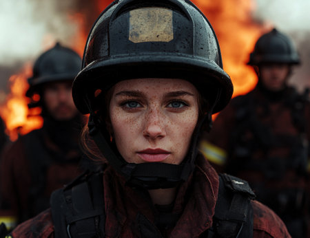 A determined firefighter stands ready in front of a fire.の素材