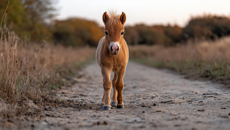 A cute miniature horse foal walks down a dirt path.の素材