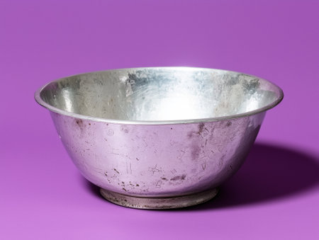 A shiny metal bowl sits on a purple background.の素材