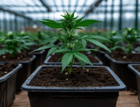 A cannabis plant growing in a greenhouse.の素材