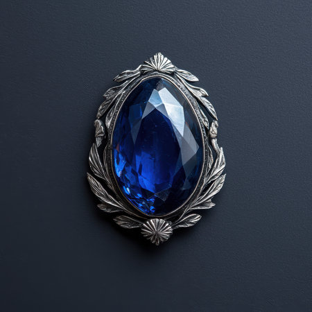 A large blue gemstone pendant with a silver filigree setting.の素材