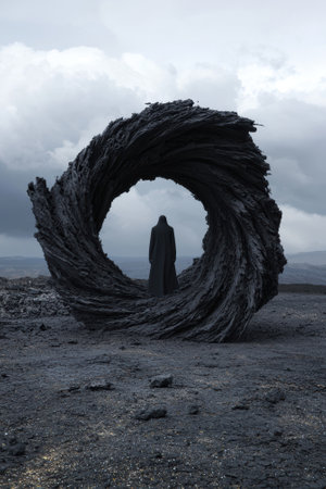 A solitary figure stands before a dark, swirling portal in a desolate landscape.の素材