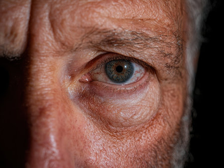 Close up of a mature man's eye showing detail and texture.の素材