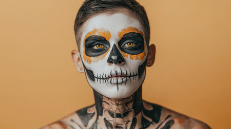 Person with sugar skull makeup for Day of the Dead celebration.の素材