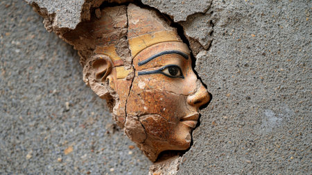 Ancient Egyptian pharaoh bust emerging from a wall.の素材