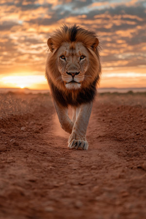 Majestic lion walking on a dirt road at sunset.の素材