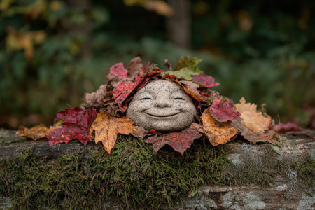 Smiling stone face covered in autumn leaves on a mossy log.の素材