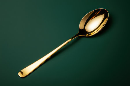 Elegant golden spoon on a dark green background.の素材