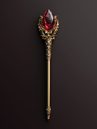 Ornate golden scepter with a large red ruby.の素材